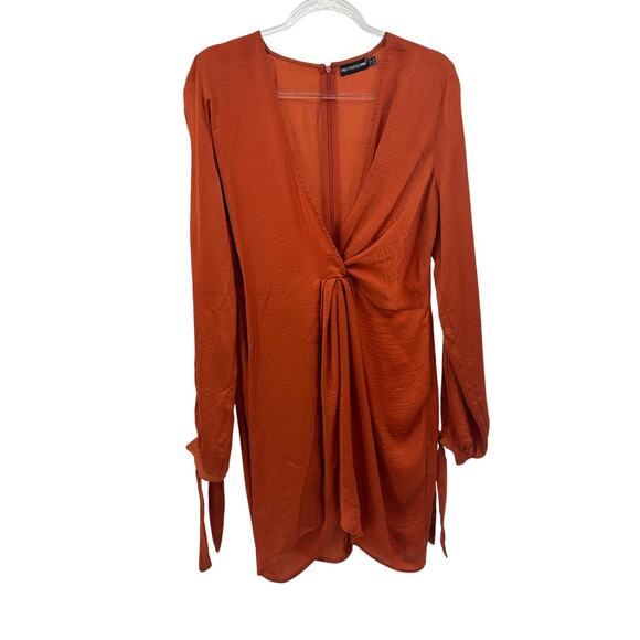 PrettyLittleThing Burnt Orange Deep V-Neck Slit Sleeve Sheath Dress Size 10 - Picture 3 of 10
